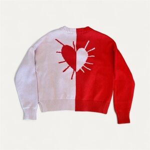 Kerri Rosenthal Heart Color-block V-Neck Ribbed Knit Pullover Sweater